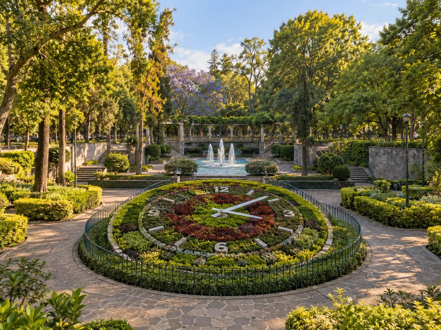 Vista ilustrativa del reloj floral y los jardines del Parque Hundido