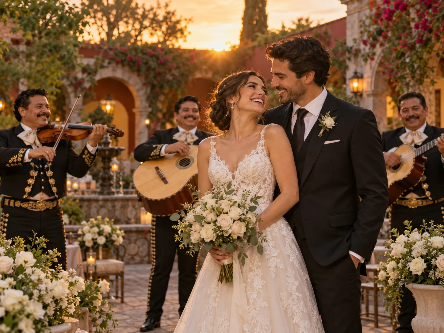Escena ilustrativa de una pareja de recién casados acompañada por mariachi