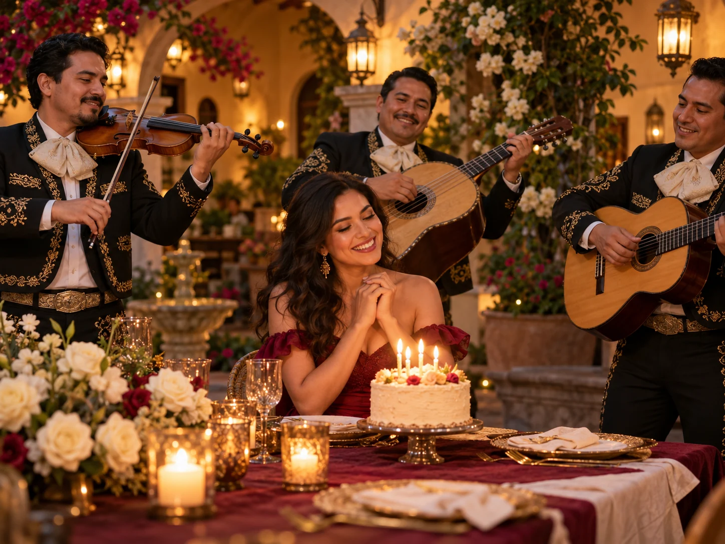 Escena ilustrativa de una celebración de cumpleaños con mariachi