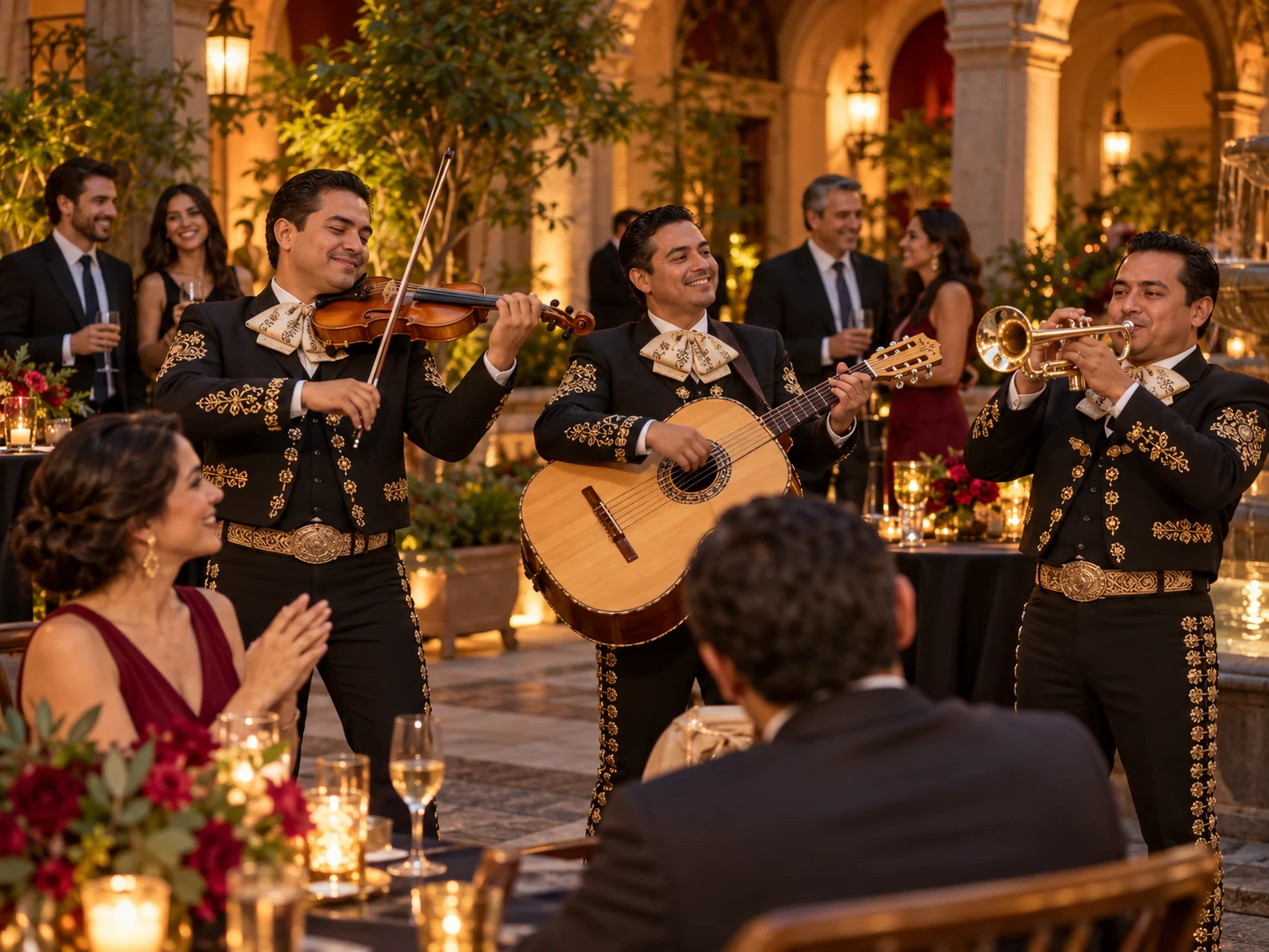 Escena ilustrativa de músicos de mariachi en una recepción empresarial