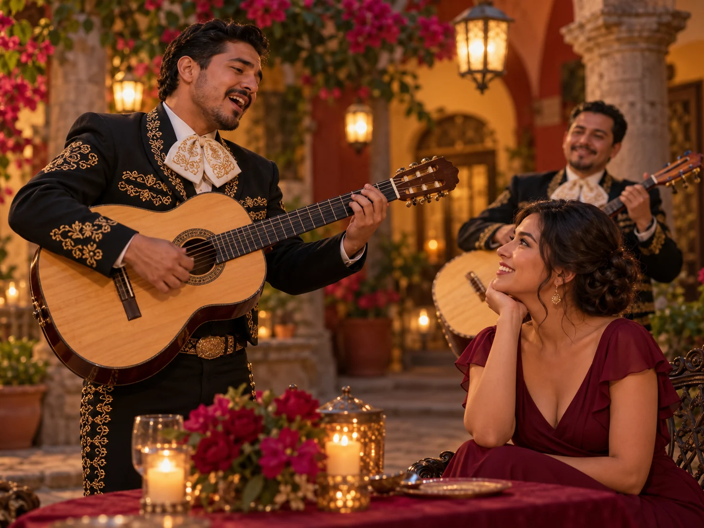 Escena ilustrativa de una serenata de mariachi en un patio mexicano