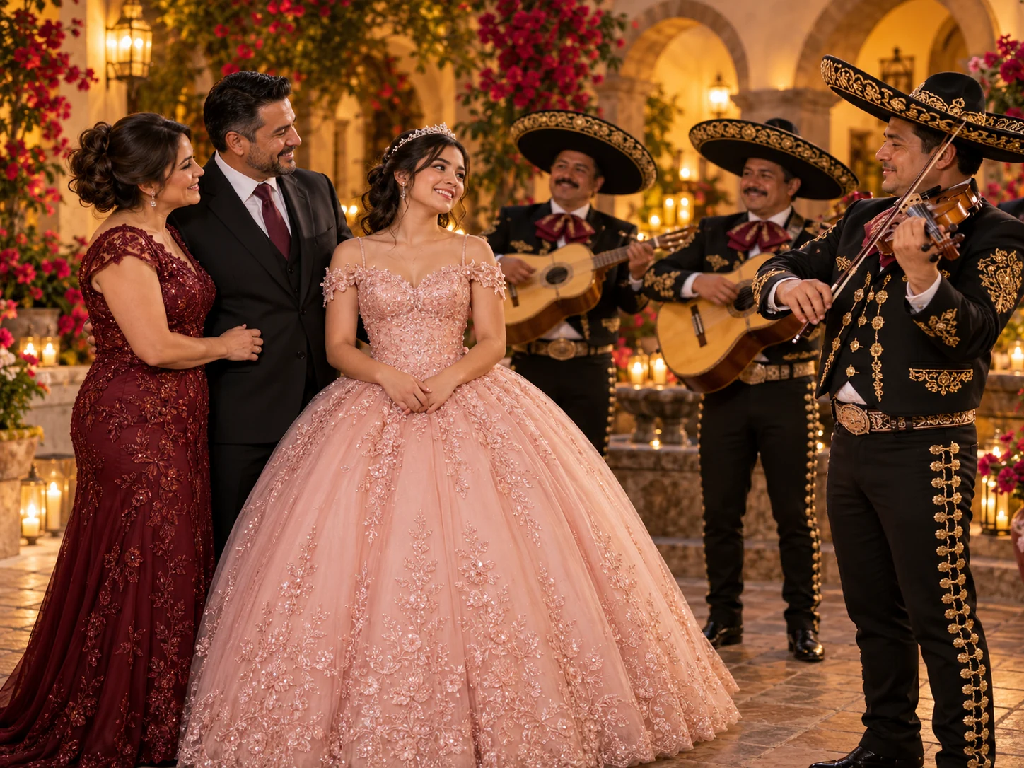 Escena ilustrativa de una quinceañera con su familia y músicos de mariachi
